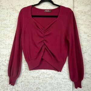 Crop Sweater Ribbed Knit Ruched Front Burgundy Medium by Metyou
